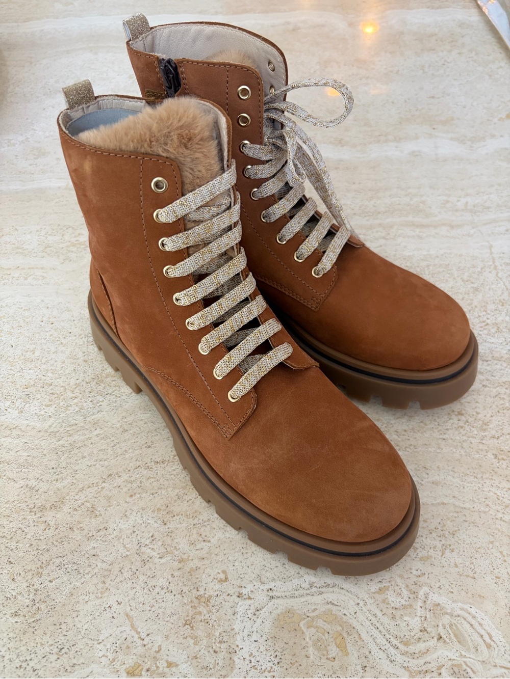 Women's Lace-Up Suede Fur-Trim Boots - Brown